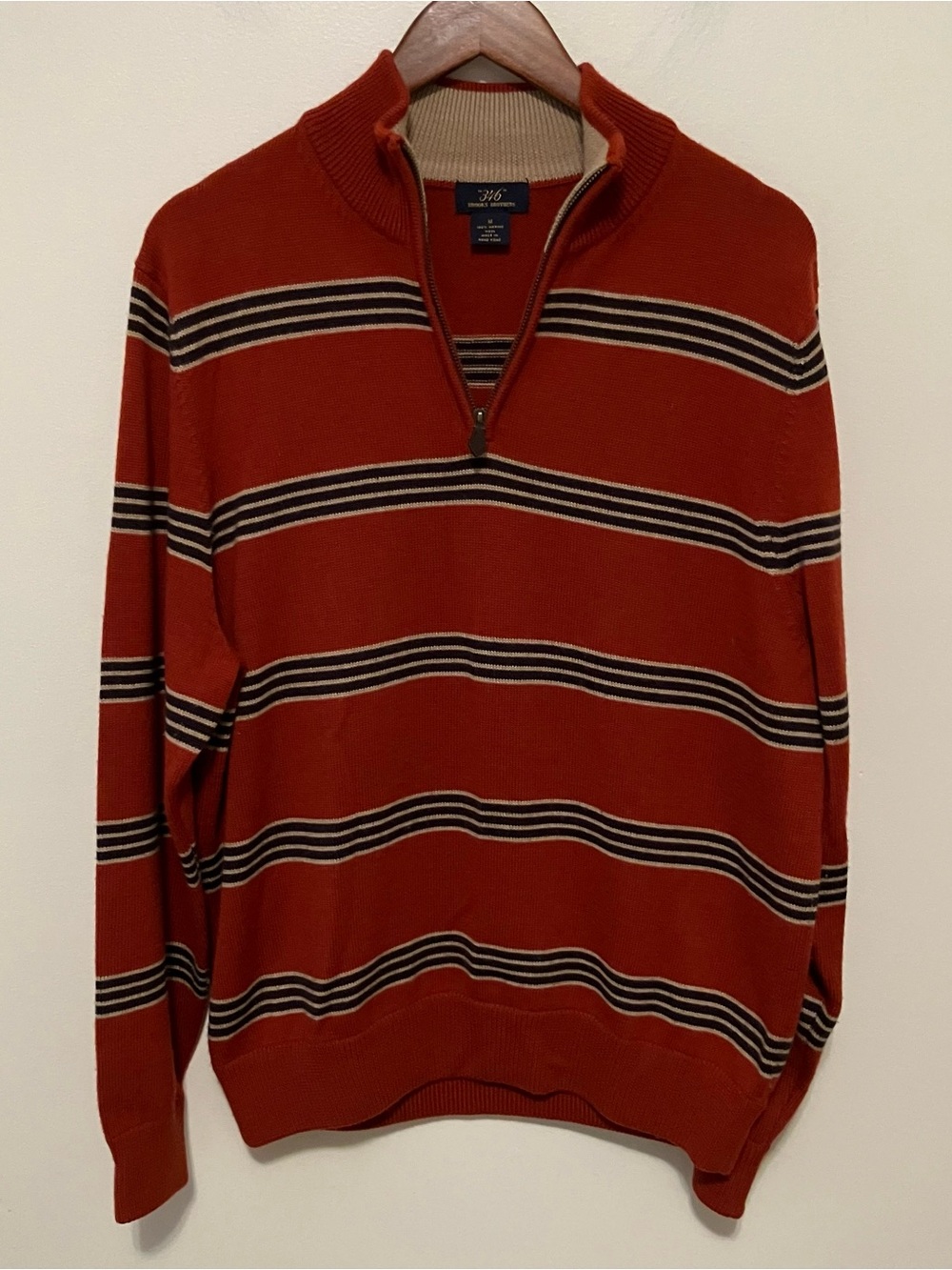 VTG Brooks Brothers Mens Wool Y2K Rugby Stripe Sweater M 1/4 Zip Preppy Orange